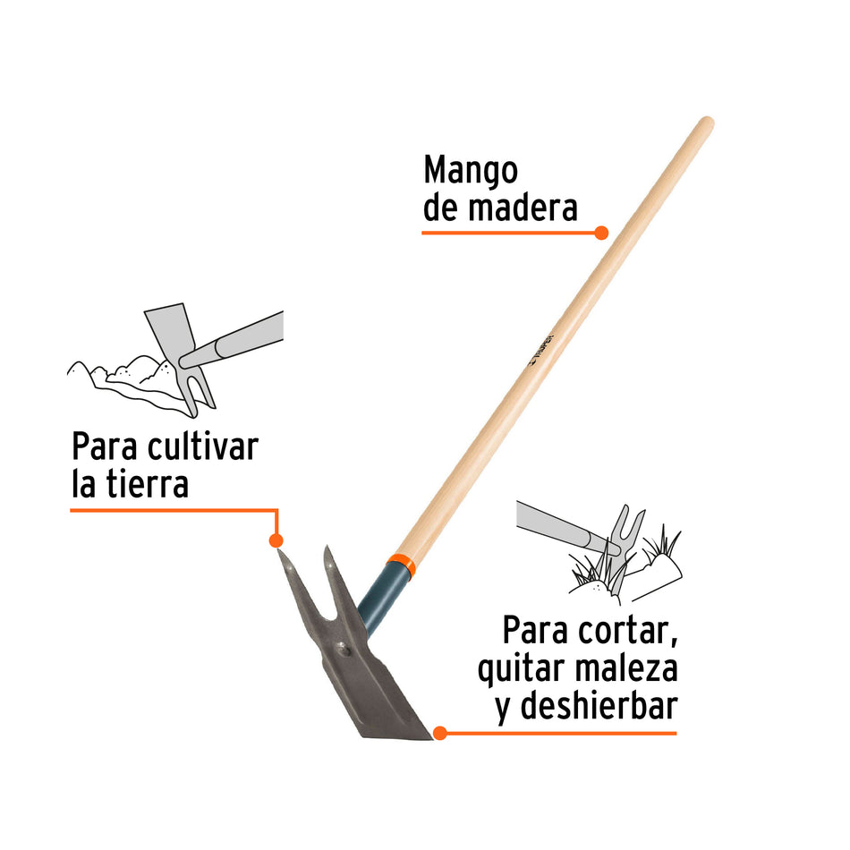 Azadón dos cuernos con mango de madera 54', Truper Caja con 6, 100752