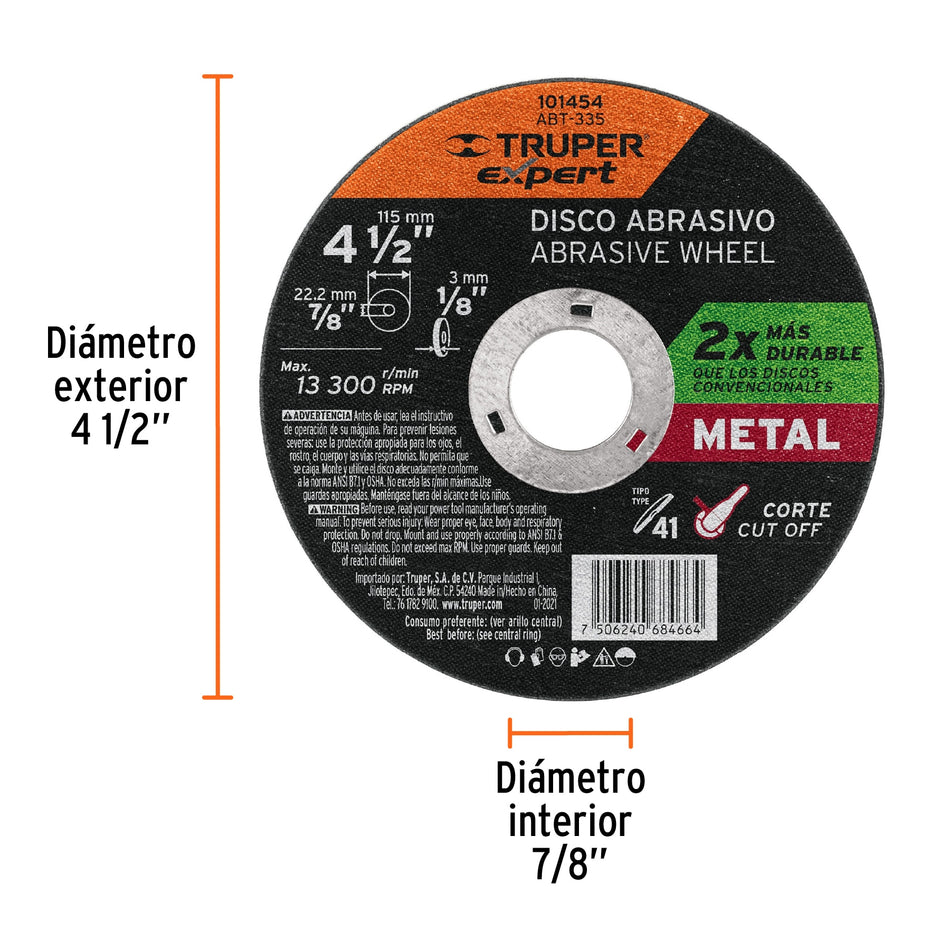 Disco para corte de metal 4-1/2' tipo 41, Truper Expert Caja con 5, 101454