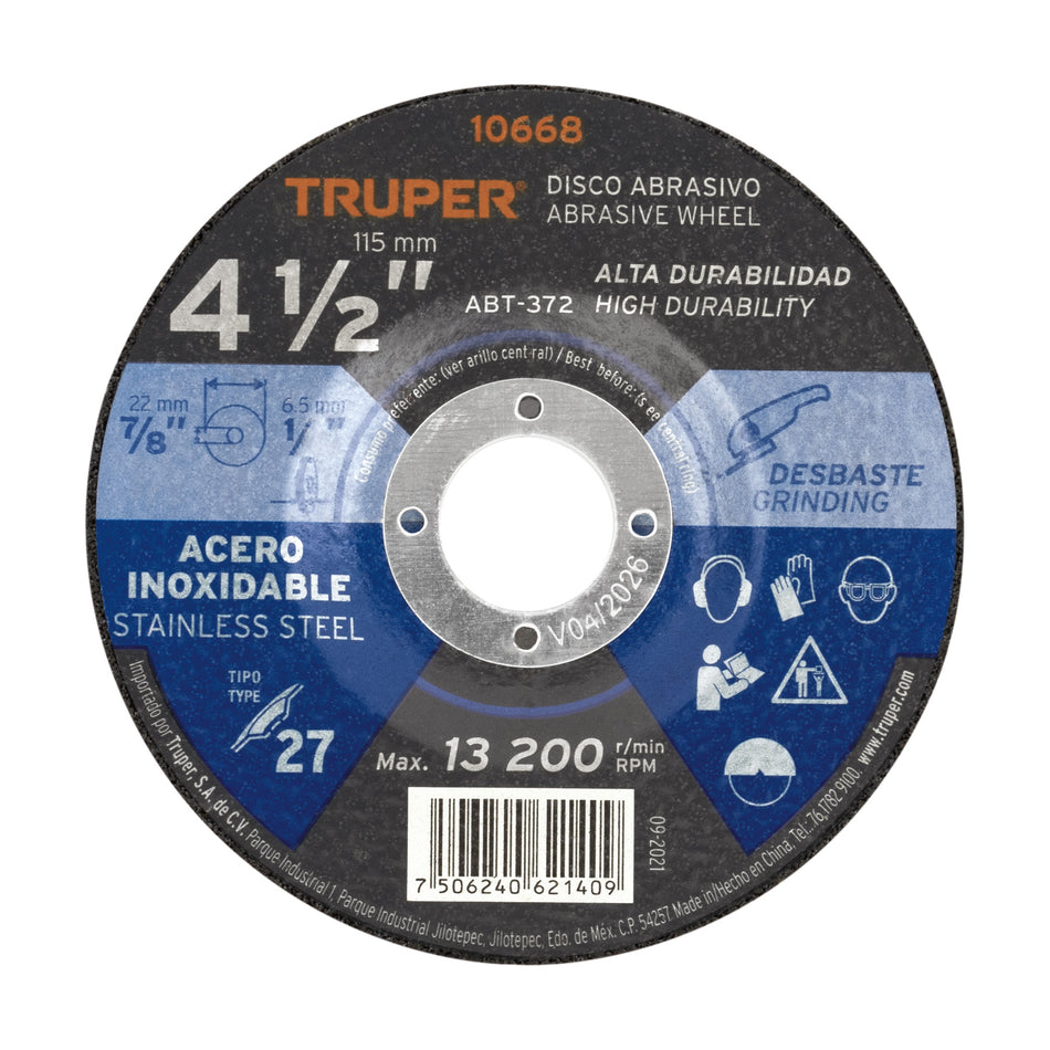 Disco Tipo 27 de 4-1/2' x 6.5 mm desbaste acero inoxidable Caja con 5, 10668