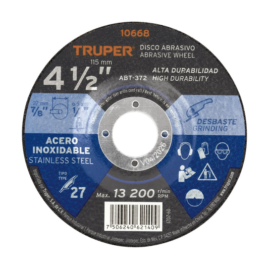 Disco Tipo 27 de 4-1/2' x 6.5 mm desbaste acero inoxidable Caja con 5, 10668