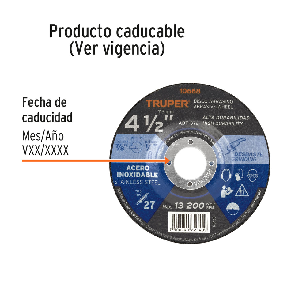 Disco Tipo 27 de 4-1/2' x 6.5 mm desbaste acero inoxidable Caja con 5, 10668