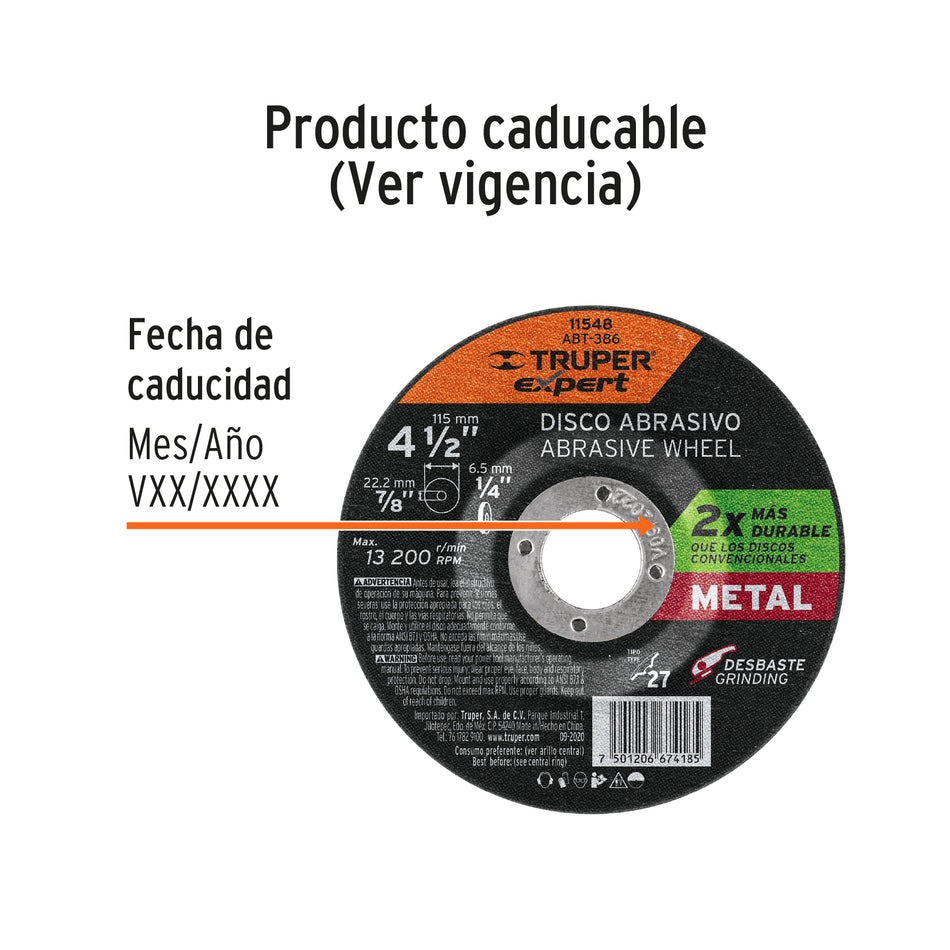 Disco Tipo 27 de 4-1/2' x 6.4 mm desbaste de metal, Expert Caja con 5, 11548