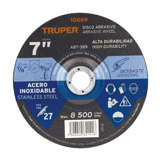 Disco Tipo 27 de 7' x 7.2 mm desbaste de acero inoxidable Caja con 5, 10669