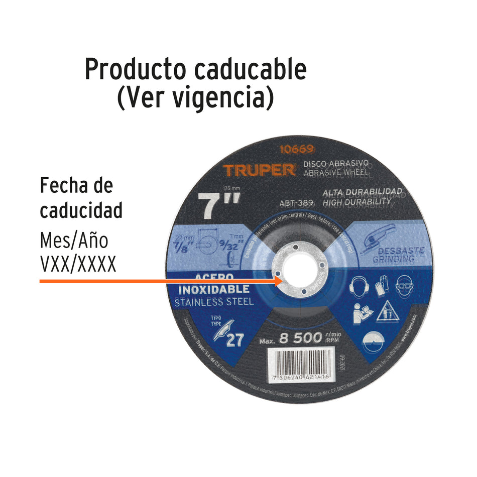 Disco Tipo 27 de 7' x 7.2 mm desbaste de acero inoxidable Caja con 5, 10669