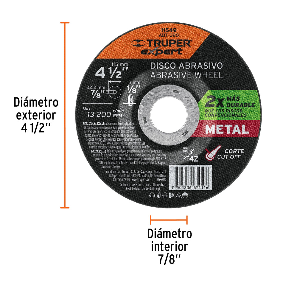 Disco Tipo 42 de 4-1/2' x 3.2 mm corte metal, Truper Expert Caja con 5, 11549