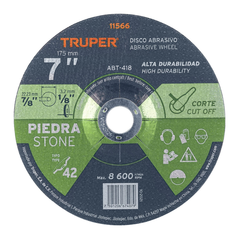 Disco Tipo 42 de 7' x 3.2 mm para corte de piedra, Truper Caja con 5, 11566