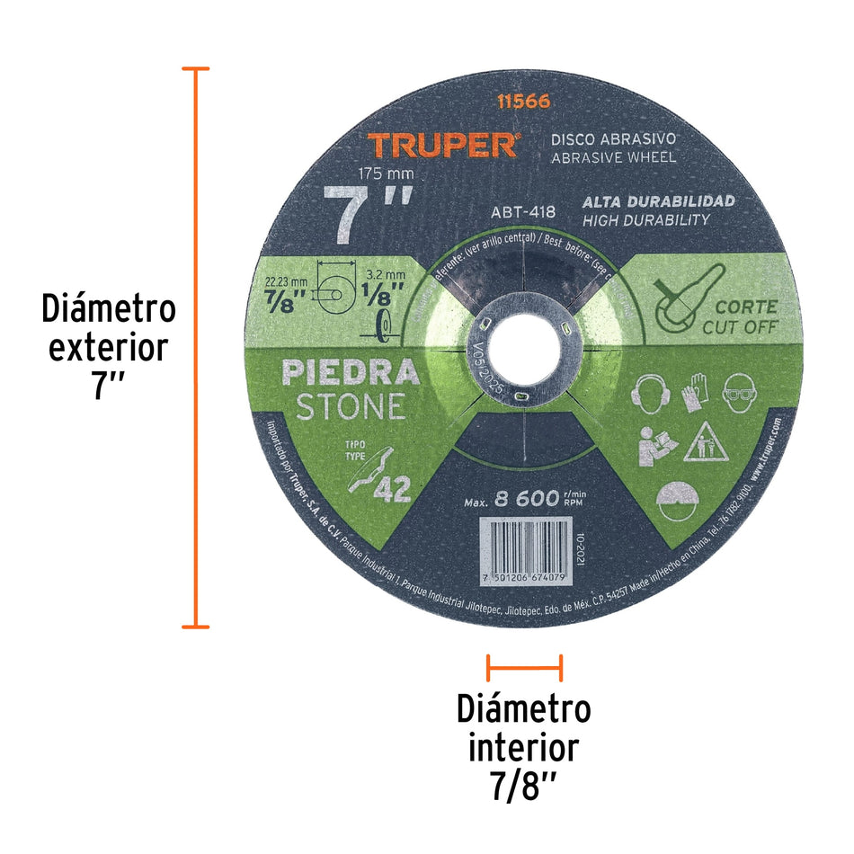Disco Tipo 42 de 7' x 3.2 mm para corte de piedra, Truper Caja con 5, 11566