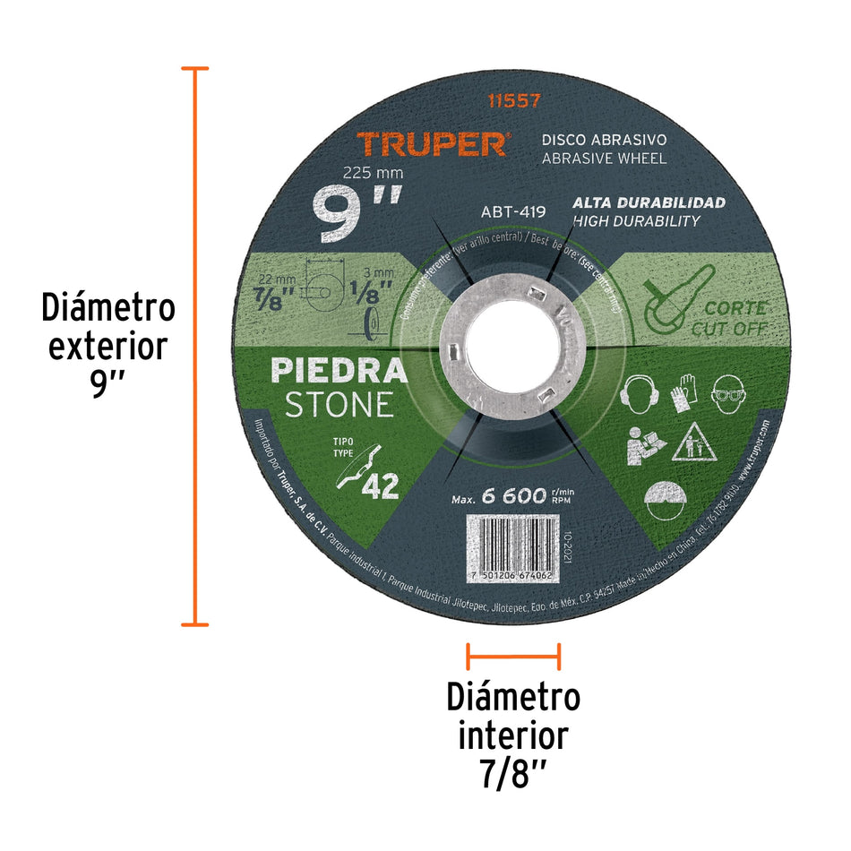 Disco Tipo 42 de 9' x 3.2 mm para corte de piedra, Truper Caja con 5, 11557