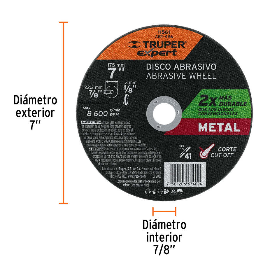 Disco para corte de metal, tipo 41, diámetro 7' Expert Caja con 5, 11561