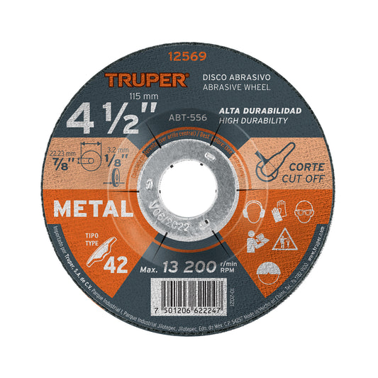 Disco Tipo 42 de 4-1/2' x 3.2 mm para corte de metal, Truper Caja con 5, 12569