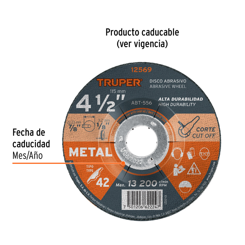 Disco Tipo 42 de 4-1/2' x 3.2 mm para corte de metal, Truper Caja con 5, 12569