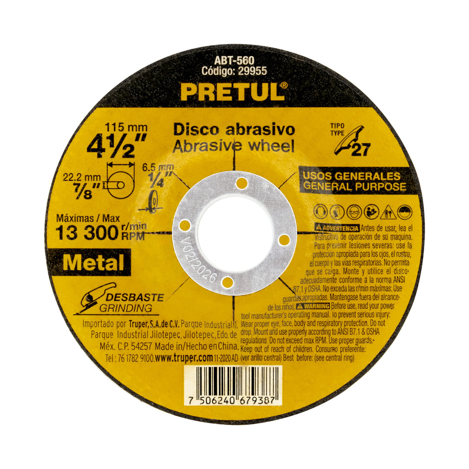Disco Tipo 27 de 4-1/2' x 6.2 mm desbaste de metal, Pretul Caja con 5, 29955