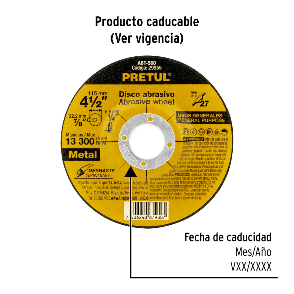 Disco Tipo 27 de 4-1/2' x 6.2 mm desbaste de metal, Pretul Caja con 5, 29955