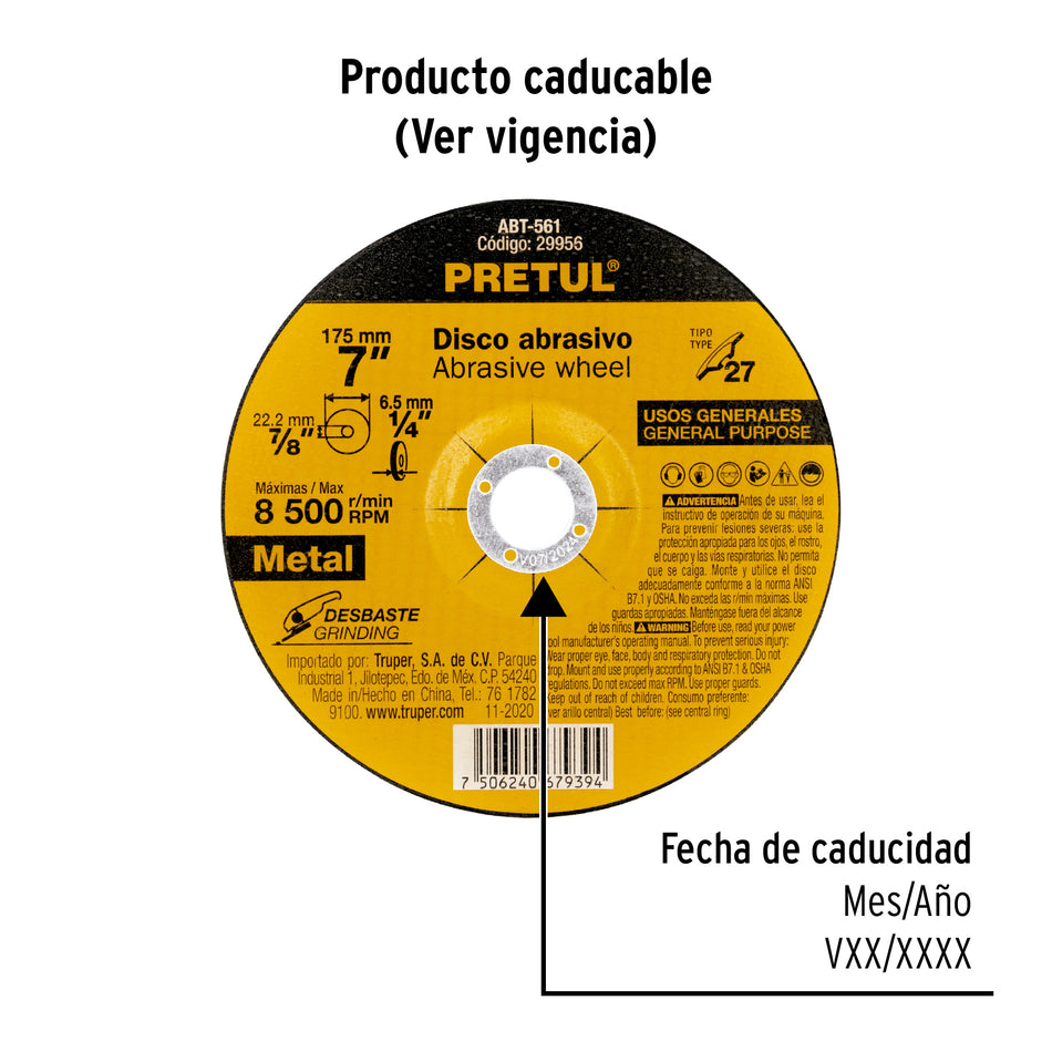 Disco Tipo 27 de 7' x 6.2 mm desbaste de metal, Pretul Caja con 5, 29956