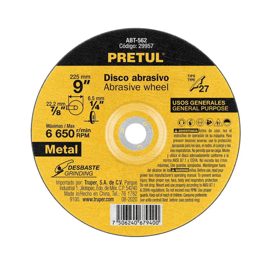 Disco Tipo 27 de 9' x 6.2 mm desbaste de metal, Pretul Caja con 5, 29957