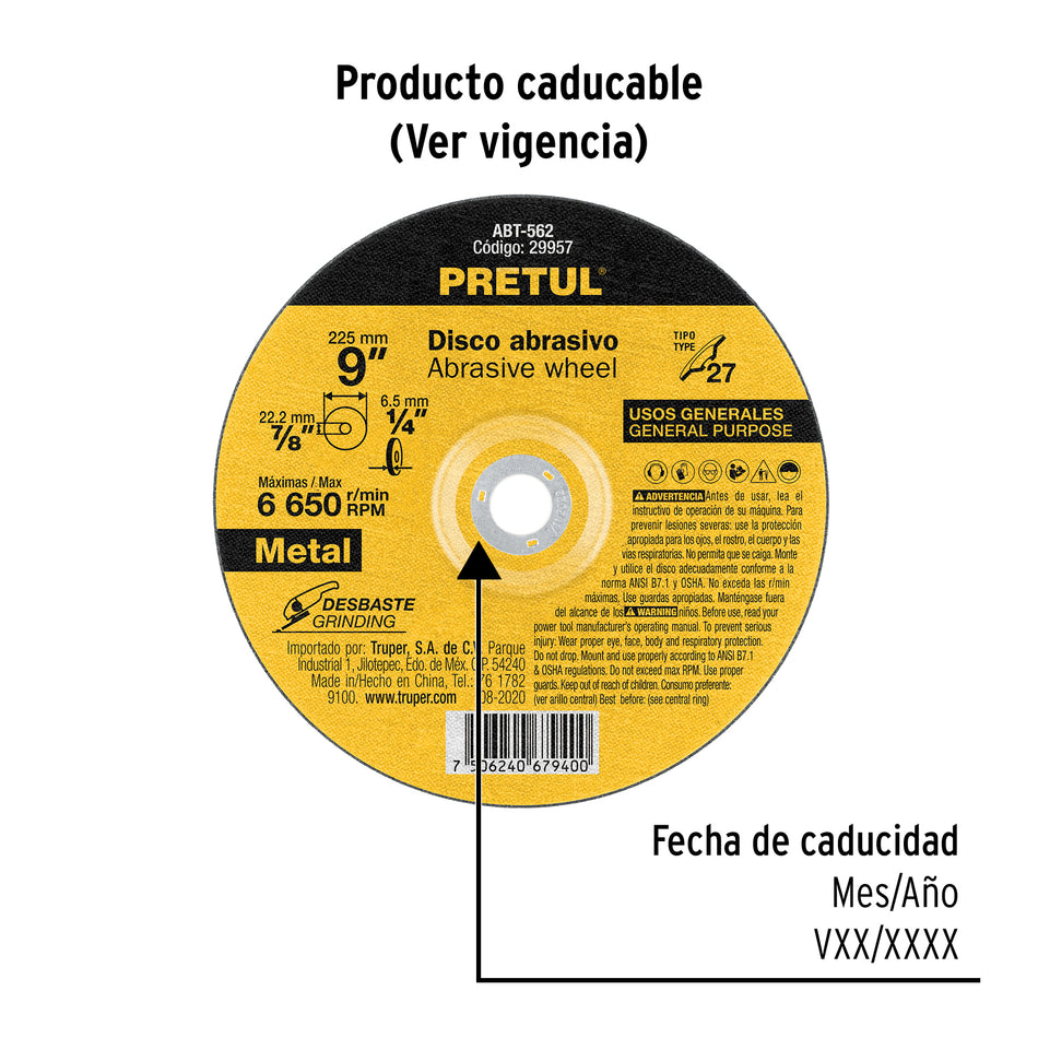 Disco Tipo 27 de 9' x 6.2 mm desbaste de metal, Pretul Caja con 5, 29957