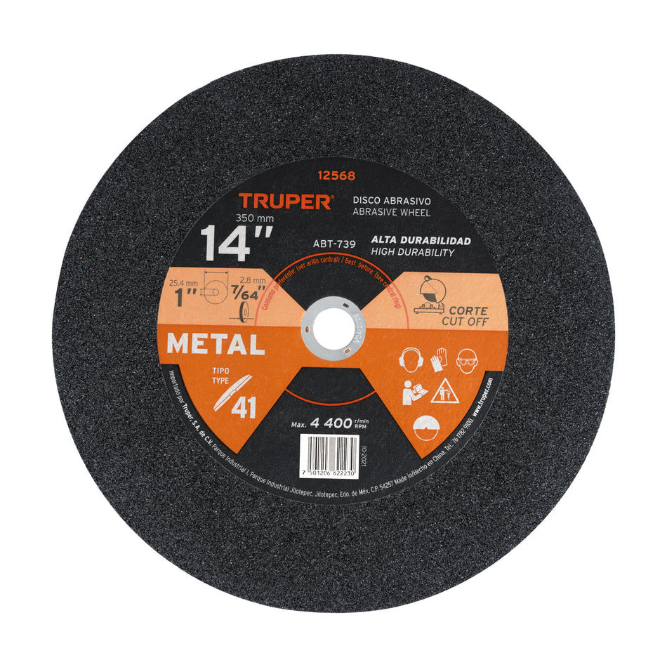 Disco Tipo 41 de 14' x 2.8 mm para corte de metal, Truper Caja con 5, 12568