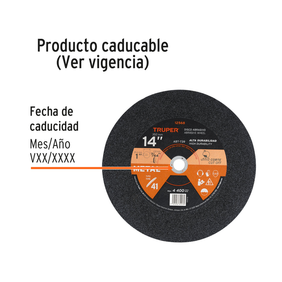 Disco Tipo 41 de 14' x 2.8 mm para corte de metal, Truper Caja con 5, 12568