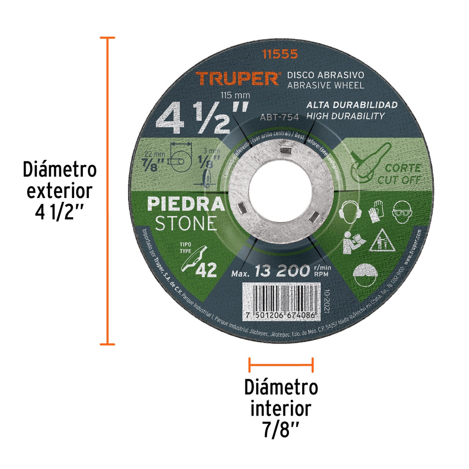 Disco Tipo 42 de 4-1/2' x 3.2 mm para corte de piedra Caja con 5, 11555