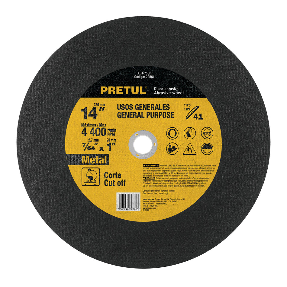 Disco Tipo 41 de 14' x 2.8 mm para corte de metal, Pretul Caja con 5, 22561