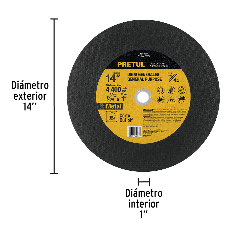 Disco Tipo 41 de 14' x 2.8 mm para corte de metal, Pretul Caja con 5, 22561