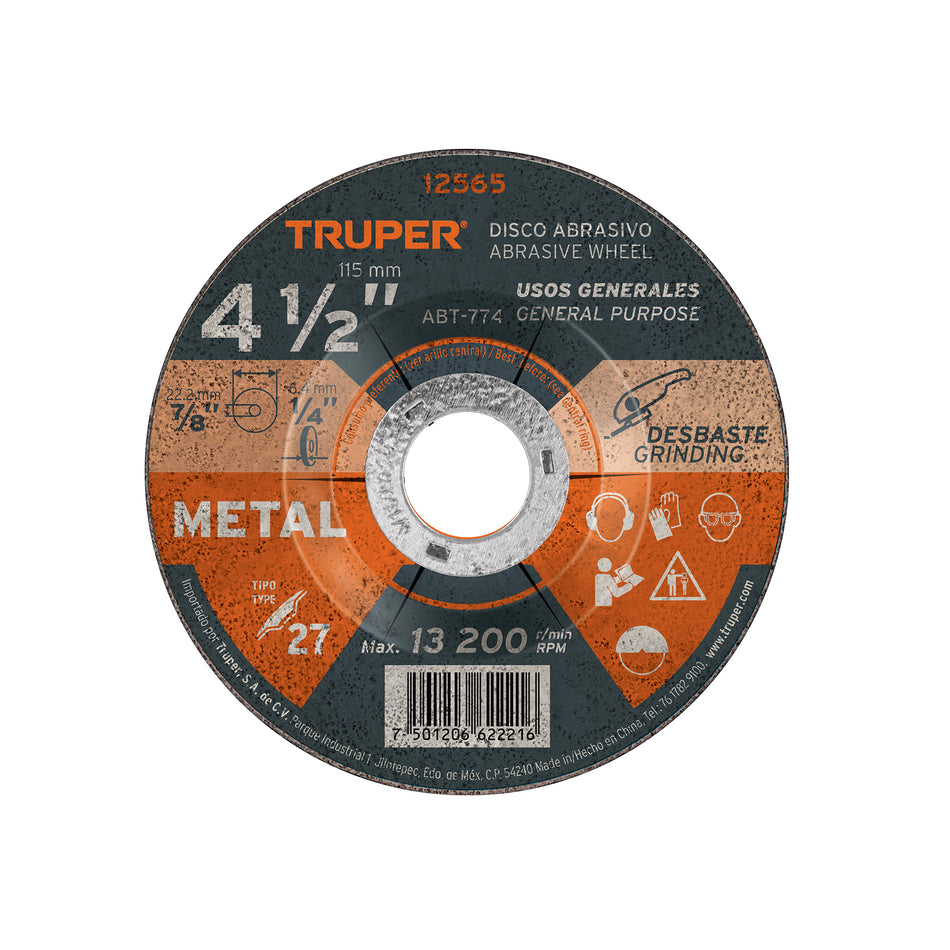 Disco Tipo 27 de 4-1/2' x 6.4 mm para desbaste de metal Caja con 5, 12565