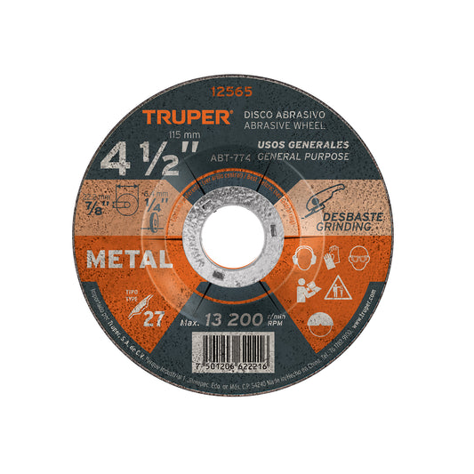 Disco Tipo 27 de 4-1/2' x 6.4 mm para desbaste de metal Caja con 5, 12565