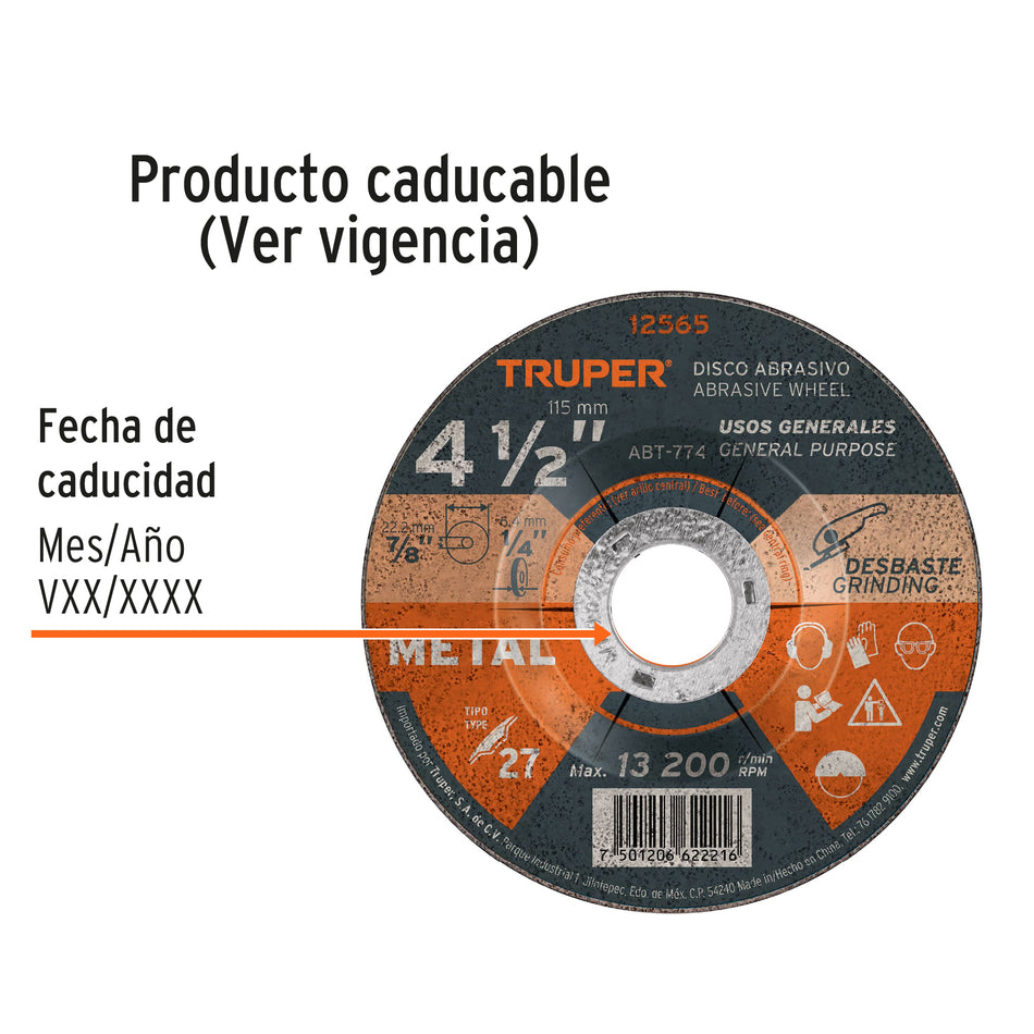 Disco Tipo 27 de 4-1/2' x 6.4 mm para desbaste de metal Caja con 5, 12565