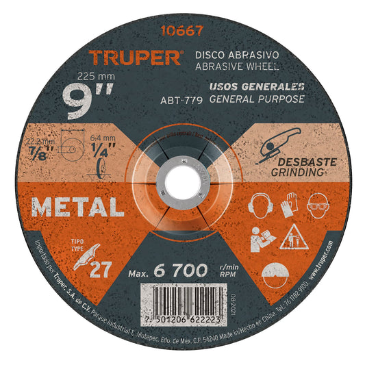Disco Tipo 27 de 9' x 6.4 mm para desbaste de metal, Truper Caja con 5, 10667