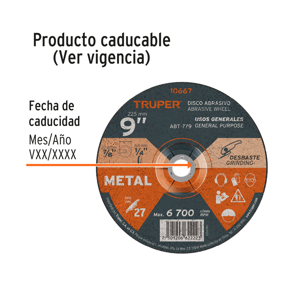 Disco Tipo 27 de 9' x 6.4 mm para desbaste de metal, Truper Caja con 5, 10667