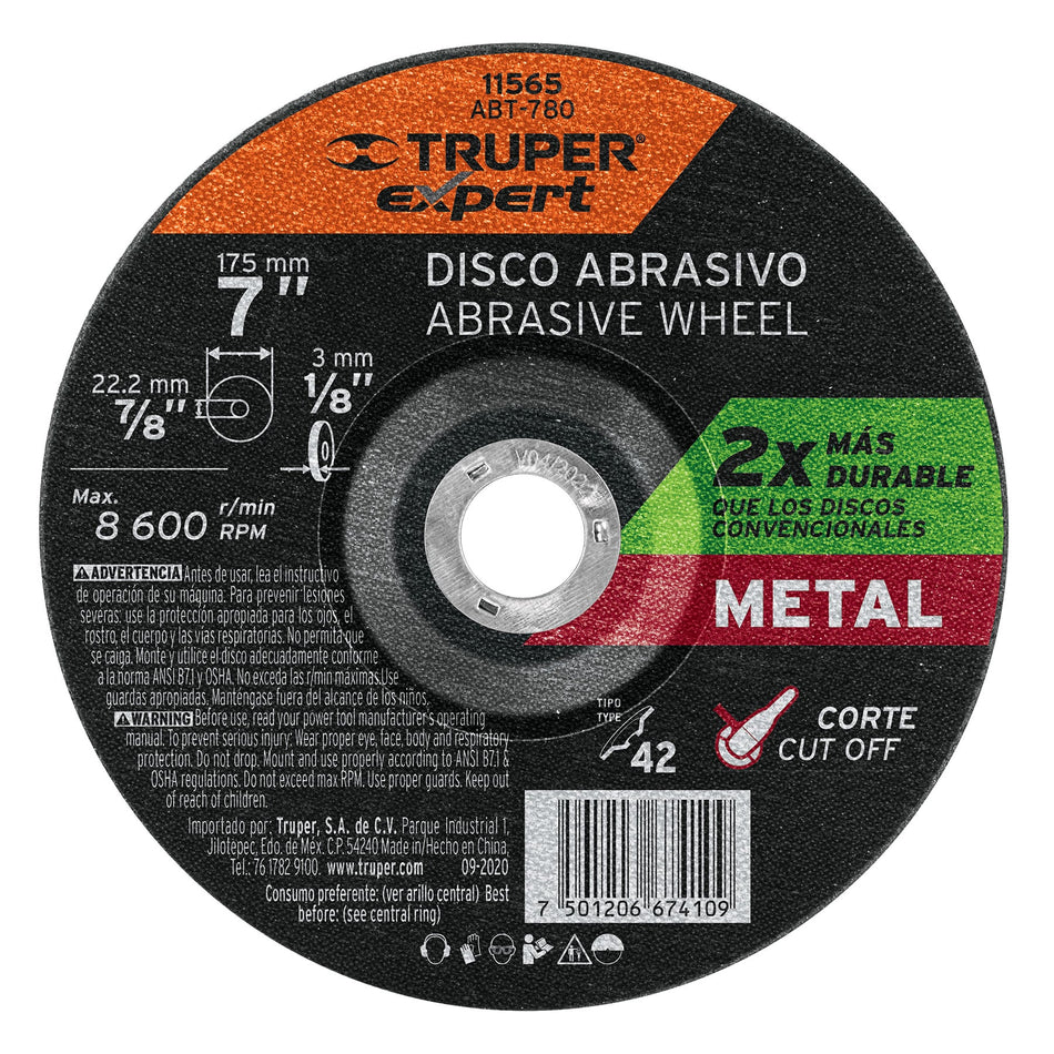 Disco Tipo 42 de 7' x 3.2 mm corte metal, Truper Expert Caja con 5, 11565