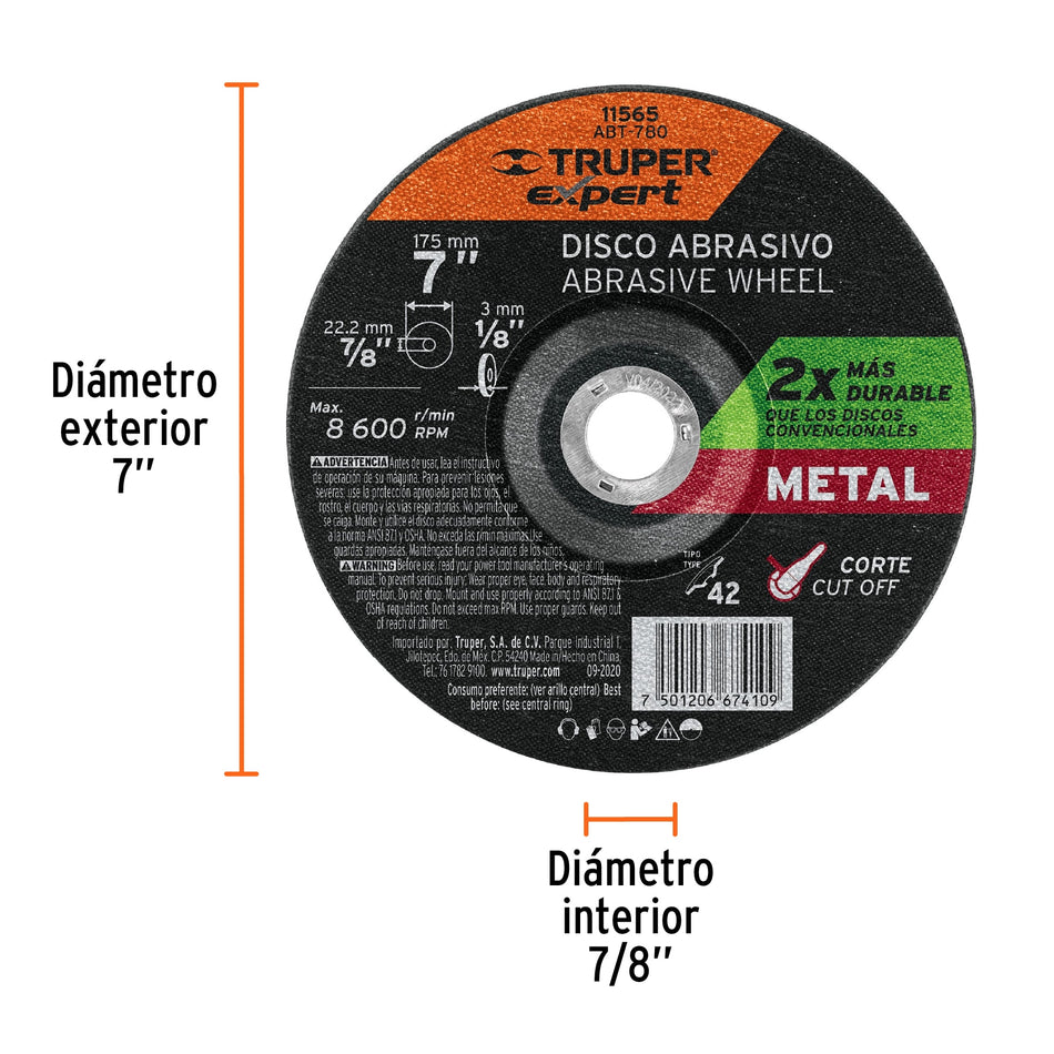 Disco Tipo 42 de 7' x 3.2 mm corte metal, Truper Expert Caja con 5, 11565