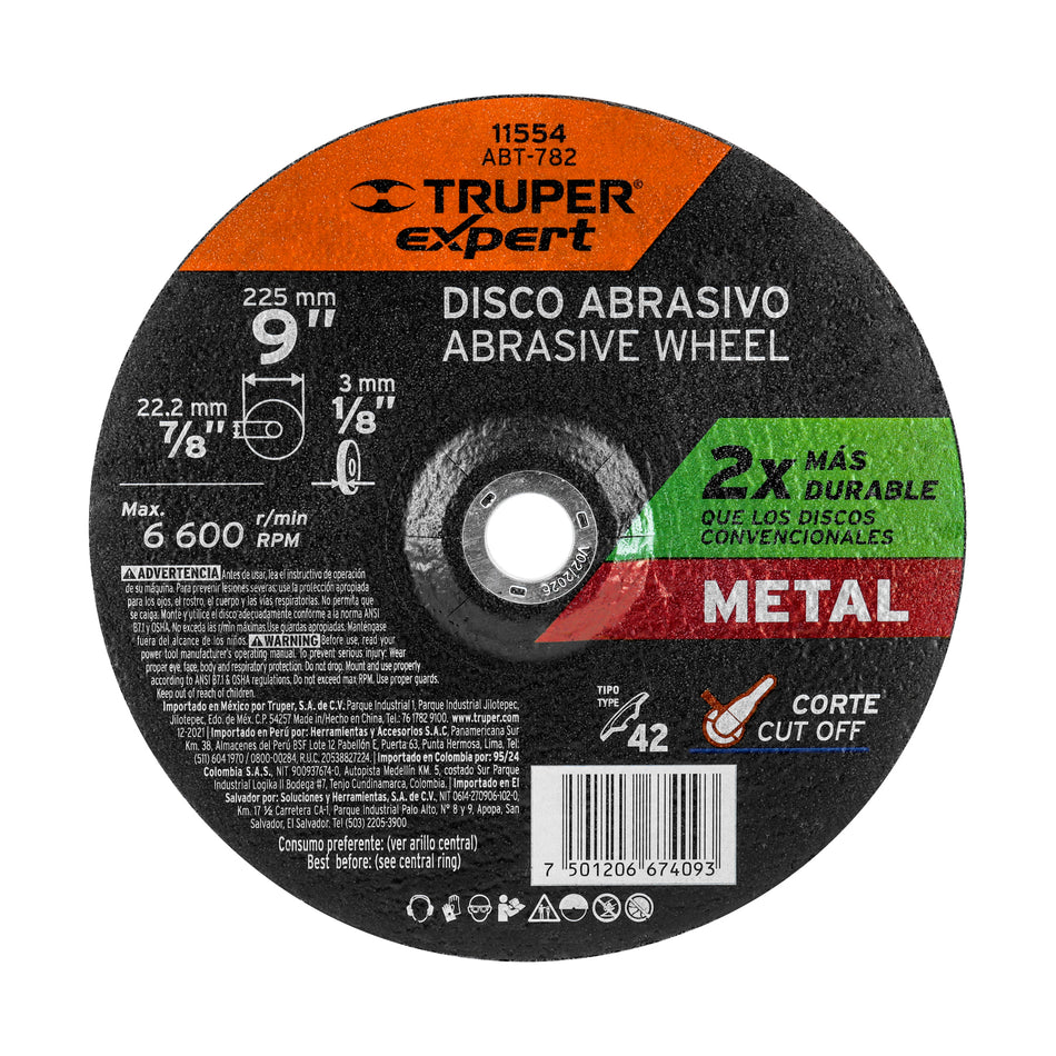 Disco Tipo 42 de 9' x 3.2 mm corte metal, Truper Expert Caja con 5, 11554