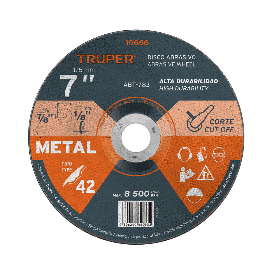Disco Tipo 42 de 7' x 3.2 mm para corte de metal, Truper Caja con 5, 10666