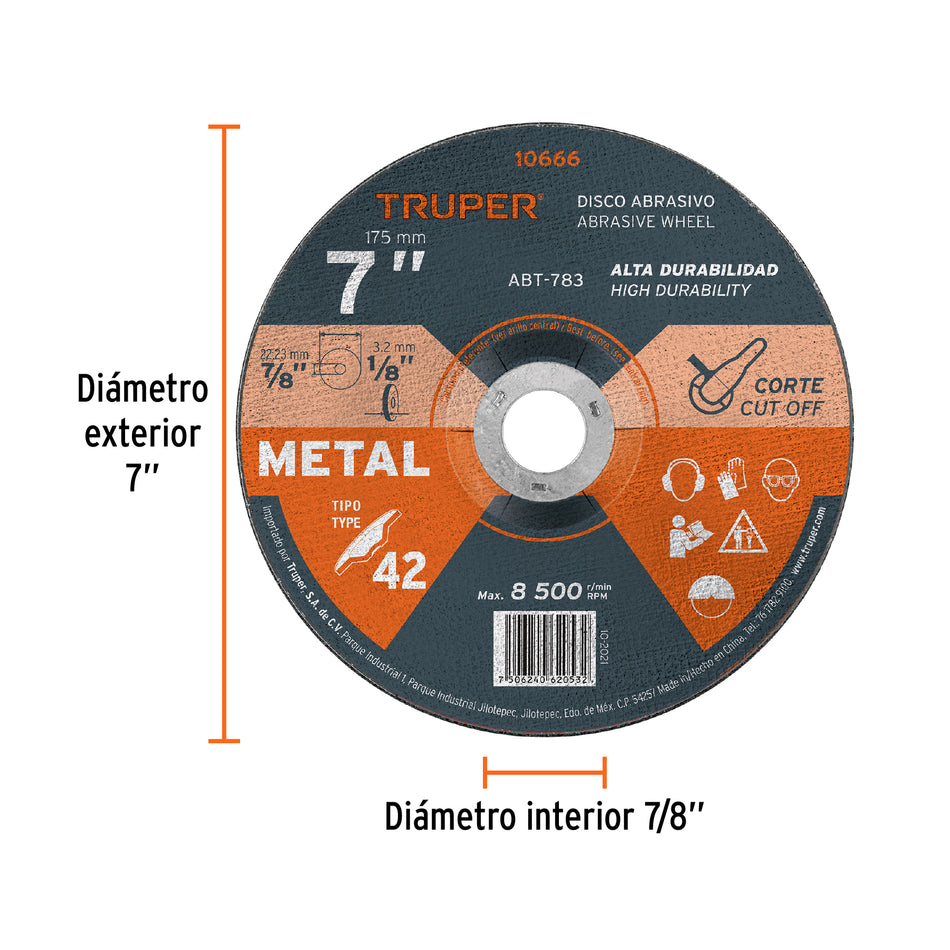 Disco Tipo 42 de 7' x 3.2 mm para corte de metal, Truper Caja con 5, 10666