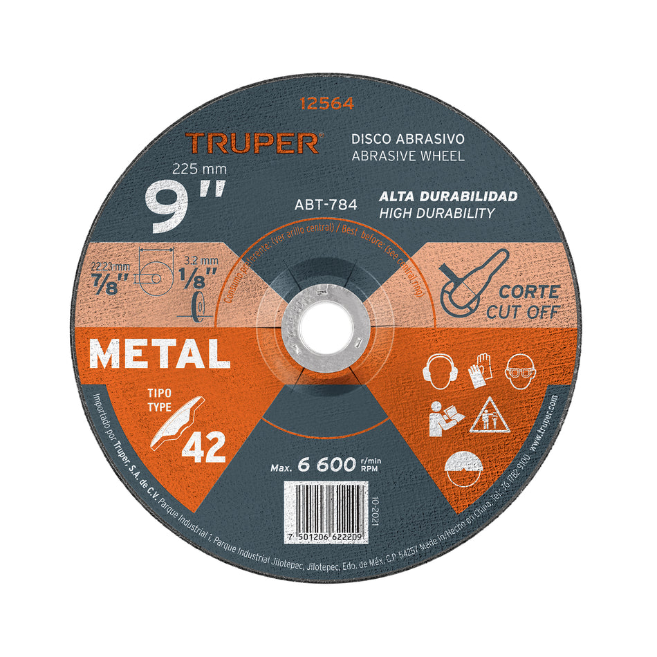 Disco Tipo 42 de 9' x 3.2 mm para corte de metal, Truper Caja con 5, 12564