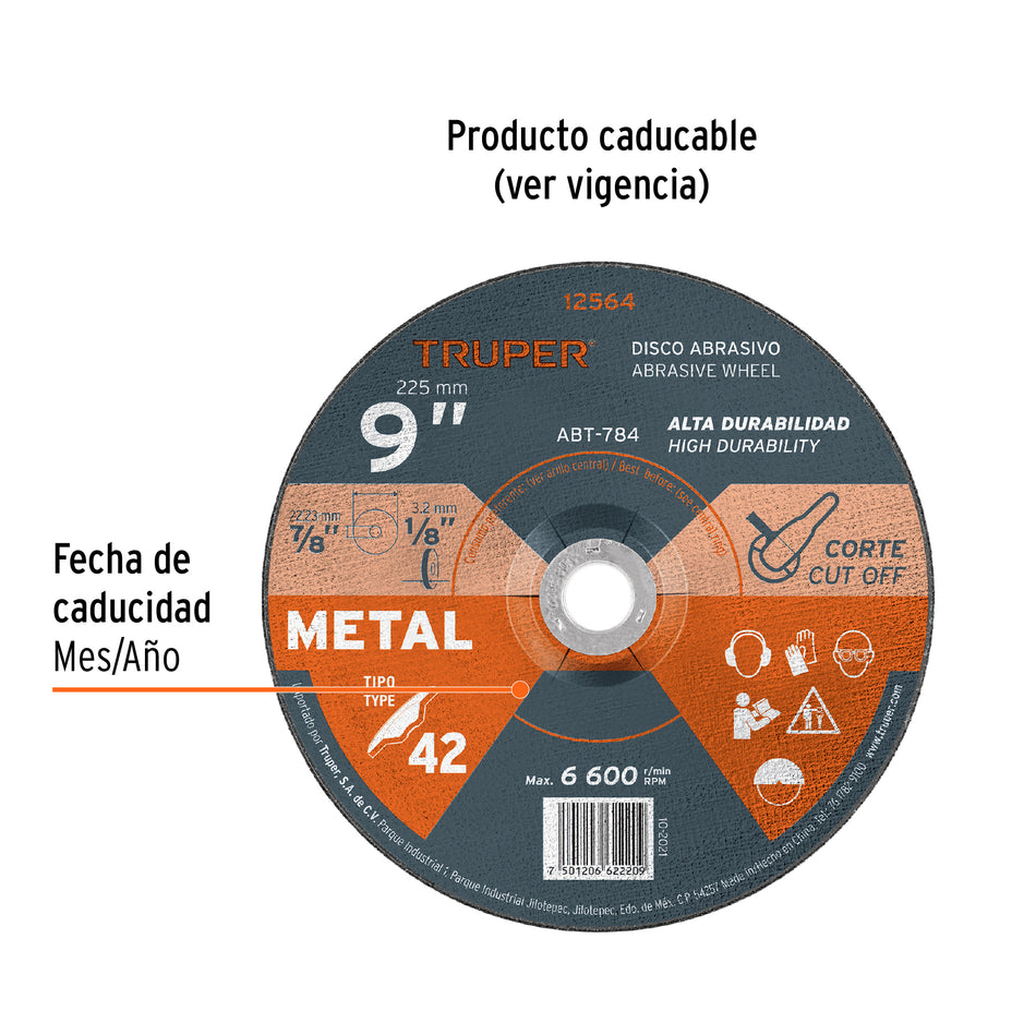 Disco Tipo 42 de 9' x 3.2 mm para corte de metal, Truper Caja con 5, 12564