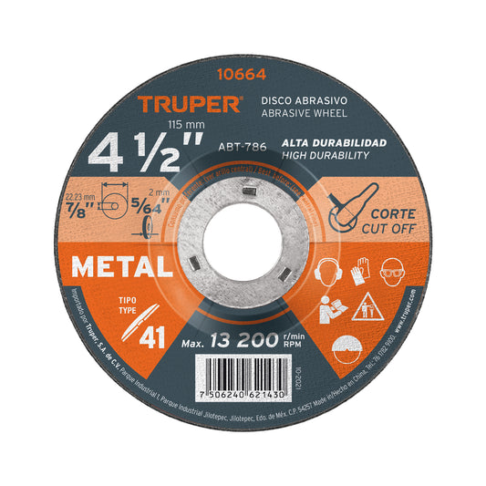 Disco de 4-1/2' para corte de metal, tipo 41, Truper Caja con 5, 10664