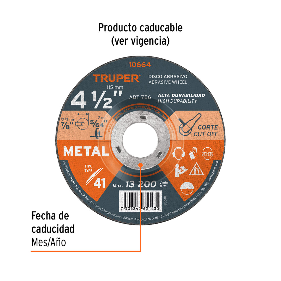 Disco de 4-1/2' para corte de metal, tipo 41, Truper Caja con 5, 10664