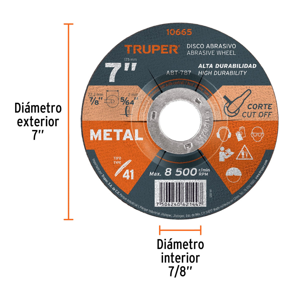 Disco de 7' para corte de metal, tipo 41, Truper Caja con 5, 10665