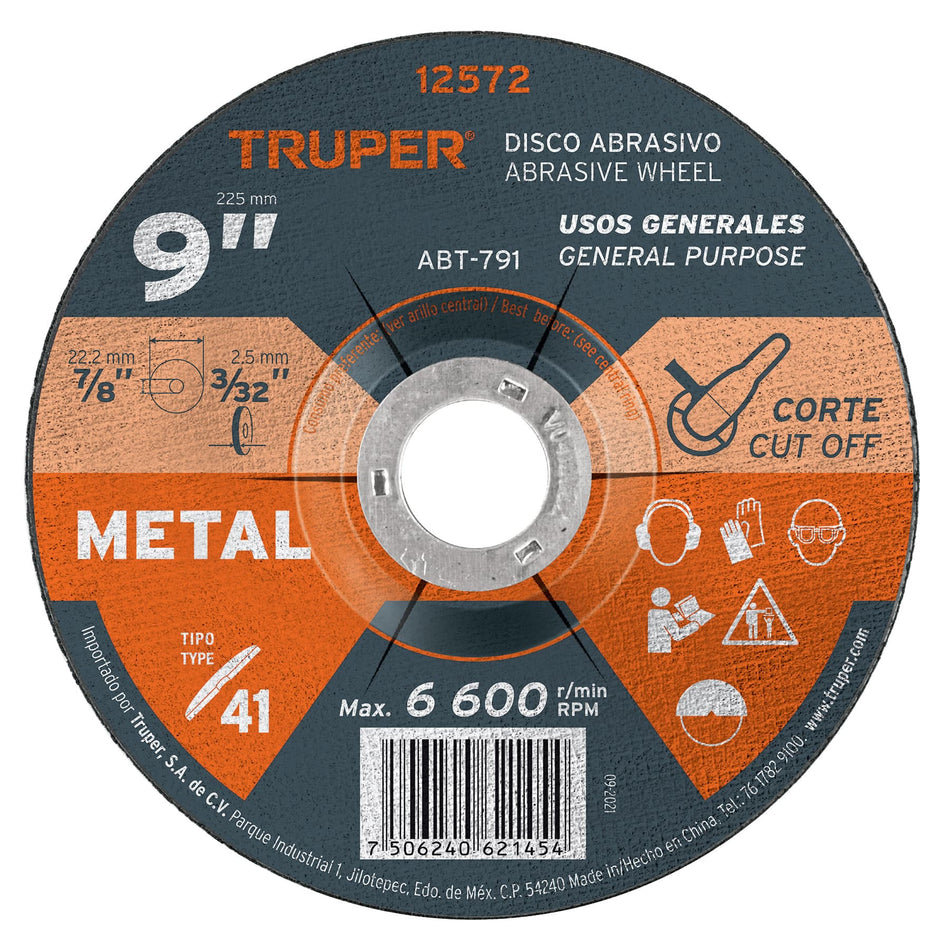 Disco de 9' para corte de metal, tipo 41, Truper Caja con 5, 12572