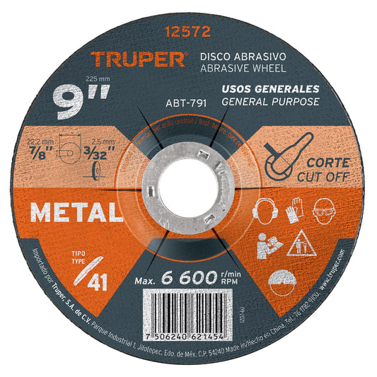 Disco de 9' para corte de metal, tipo 41, Truper Caja con 5, 12572