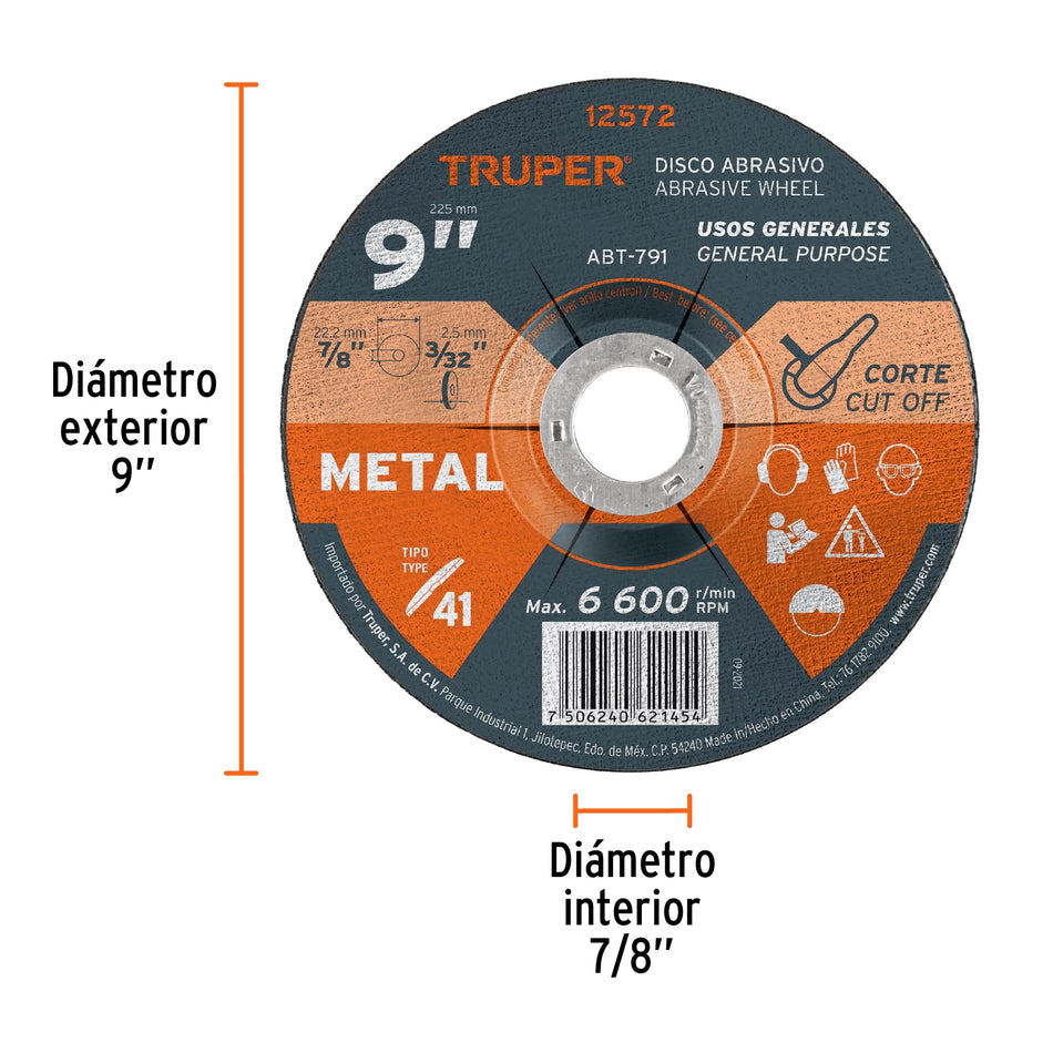 Disco de 9' para corte de metal, tipo 41, Truper Caja con 5, 12572