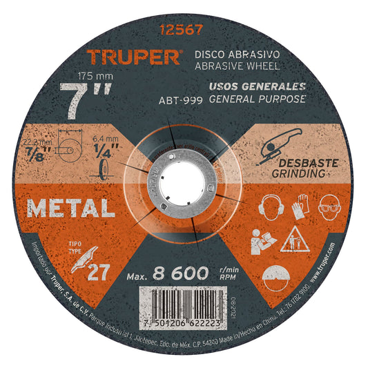 Disco Tipo 27 de 7' x 6.4 mm para desbaste de metal, Truper Caja con 5, 12567