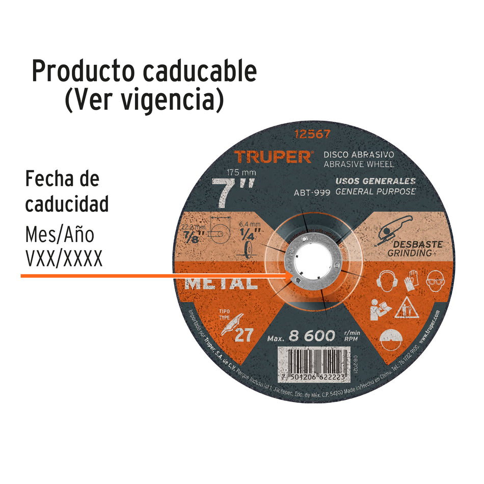 Disco Tipo 27 de 7' x 6.4 mm para desbaste de metal, Truper Caja con 5, 12567