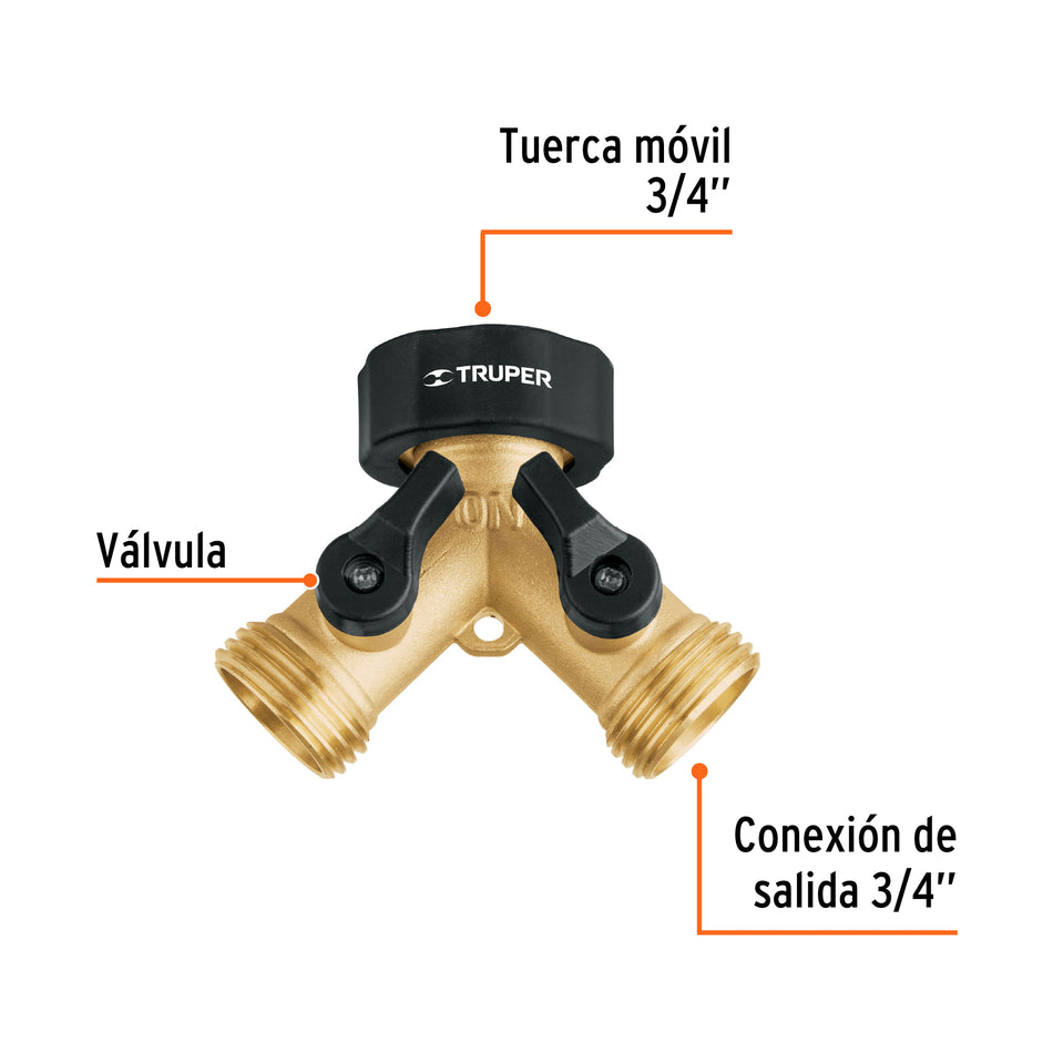 Conector 'Y' 3/4' latón sólido con tuerca móvil p/manguera Caja con 6, 10375