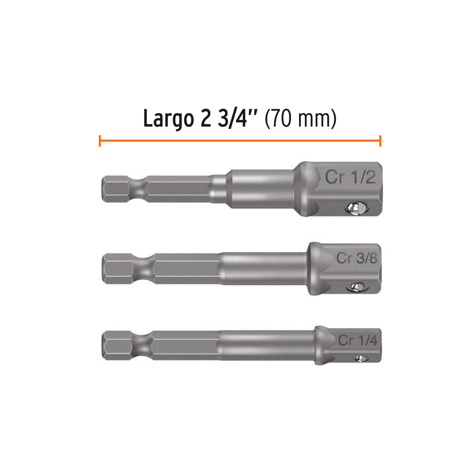 Juego de 3 adaptadores para dados de 1/4', 3/8' y 1/2' Caja con 6, 10752