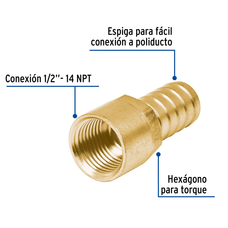 Adaptador hembra de latón 1/2' para poliducto, Foset Caja con 12, 49311