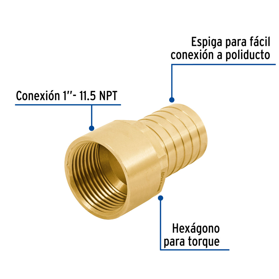 Adaptador hembra de latón 1' para poliducto, Foset Caja con 6, 49313