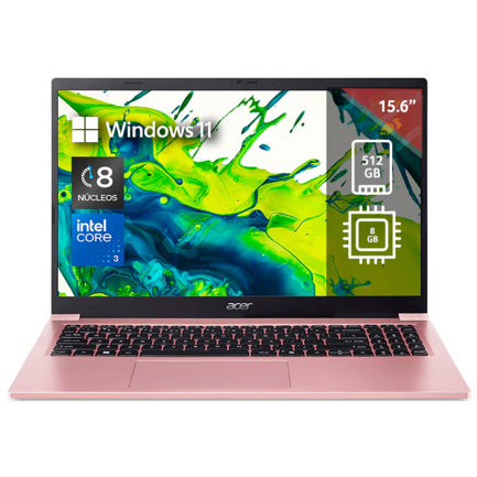 Laptop Acer Lite 15 15.6" FHD Ci3 N355 8GB DDR5 Ram 512 PCIe NVMe SSD Windows 11 Home Rosa 1 Año Garantía, NX.D8KAL.001